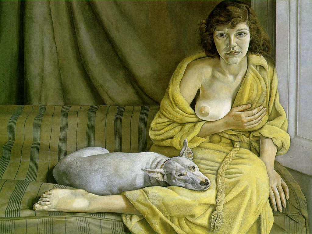 Люсьен Фрейд. Современное искусство. Современная живопись, Женщина с белой собакой. Китти Гарман