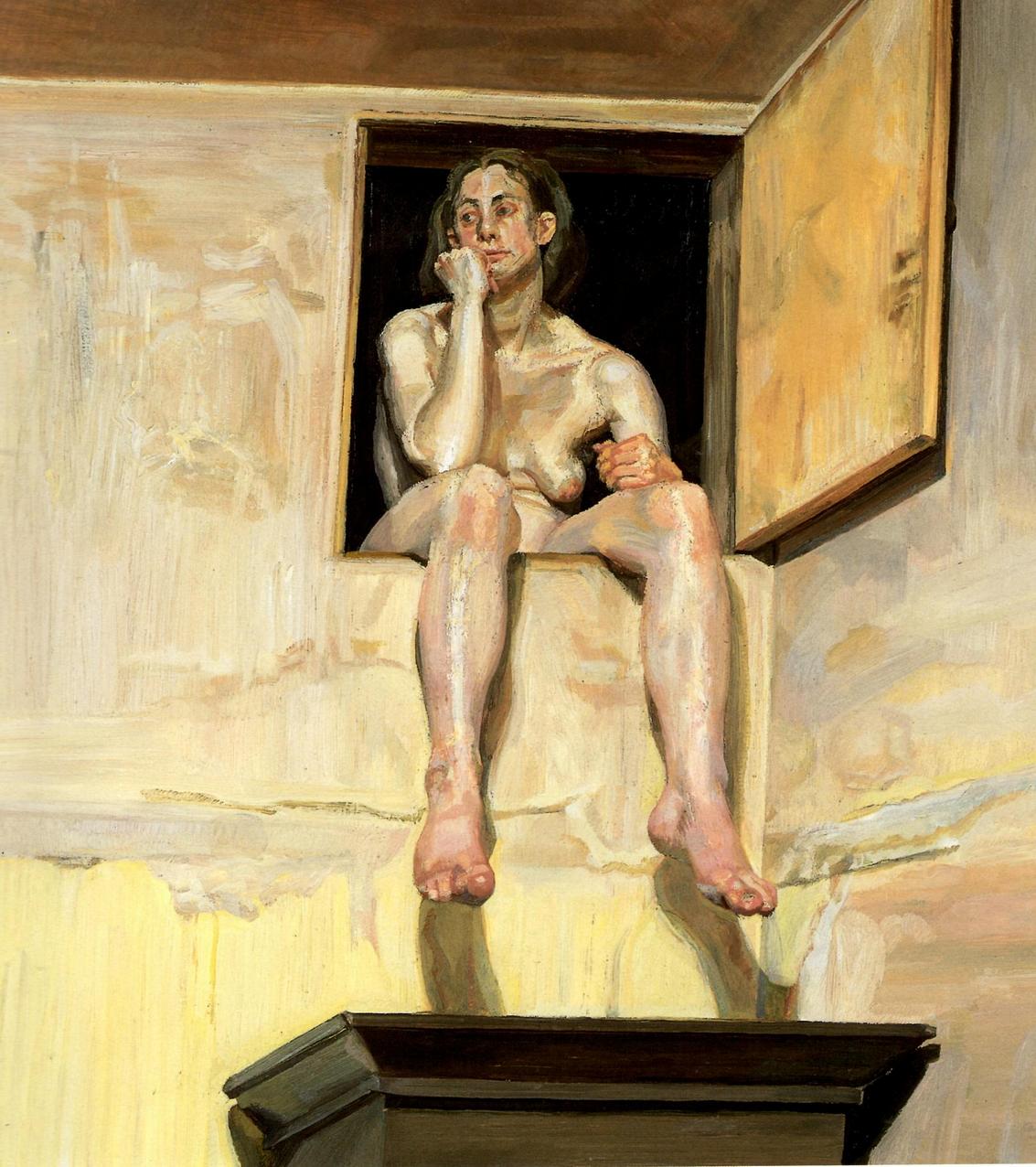 Люсьен Фрейд. Современное искусство. Современная живопись. Девушка, сидящая в дверном проеме мансарды, 1995