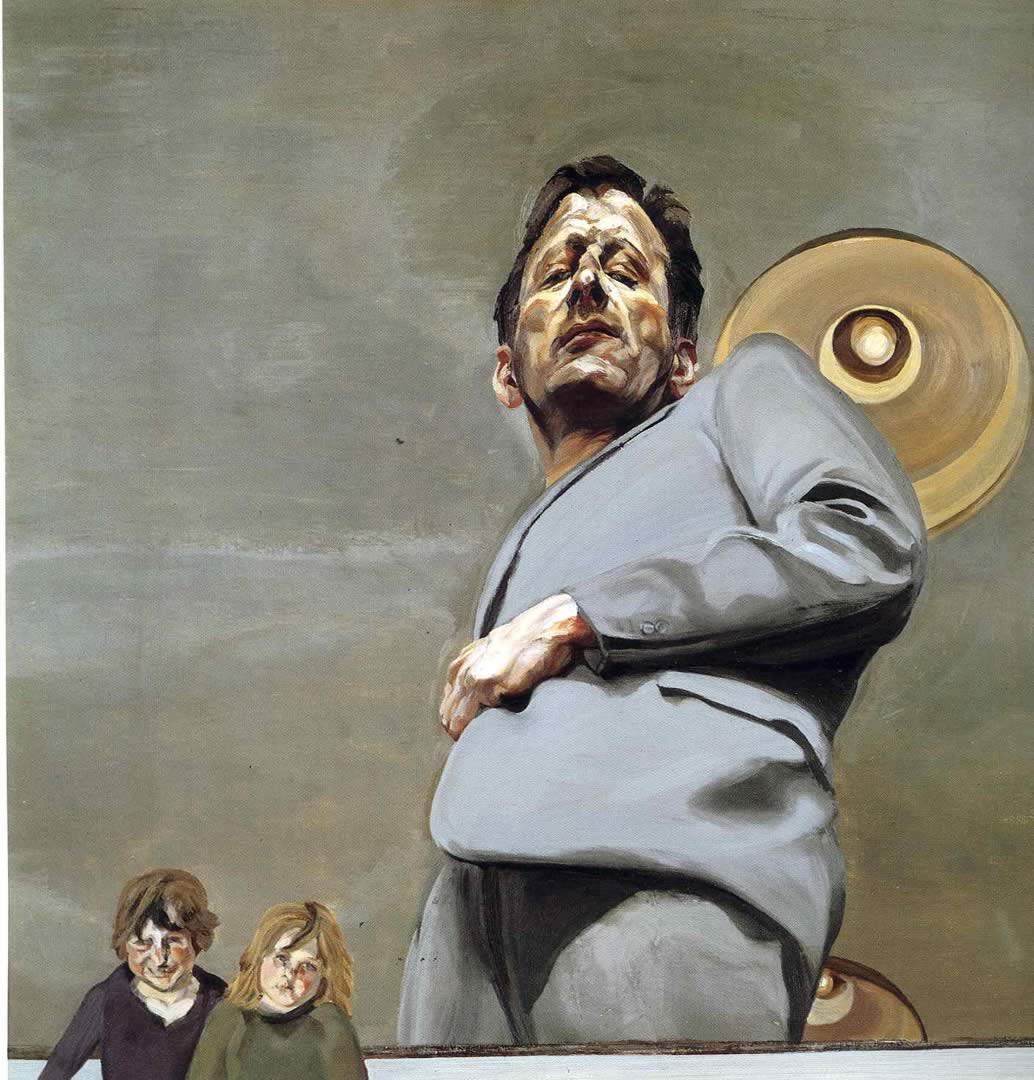 Люсьен Фрейд. Современная живопись. Отражение с двумя детьми, 1965. Автопортрет