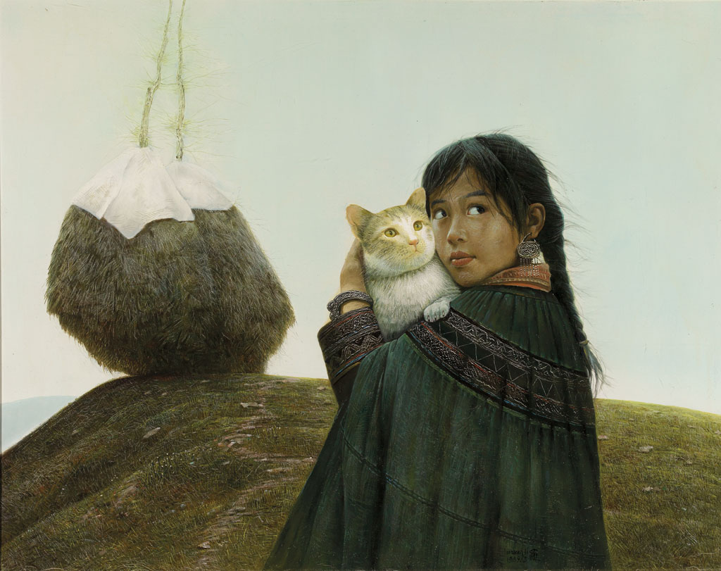 Осень: девочка держит кошку, 1989. Ло Чжунли (Luo Zhongli) - современный китайский художник. Современная живопись Китая. Китайский реализм