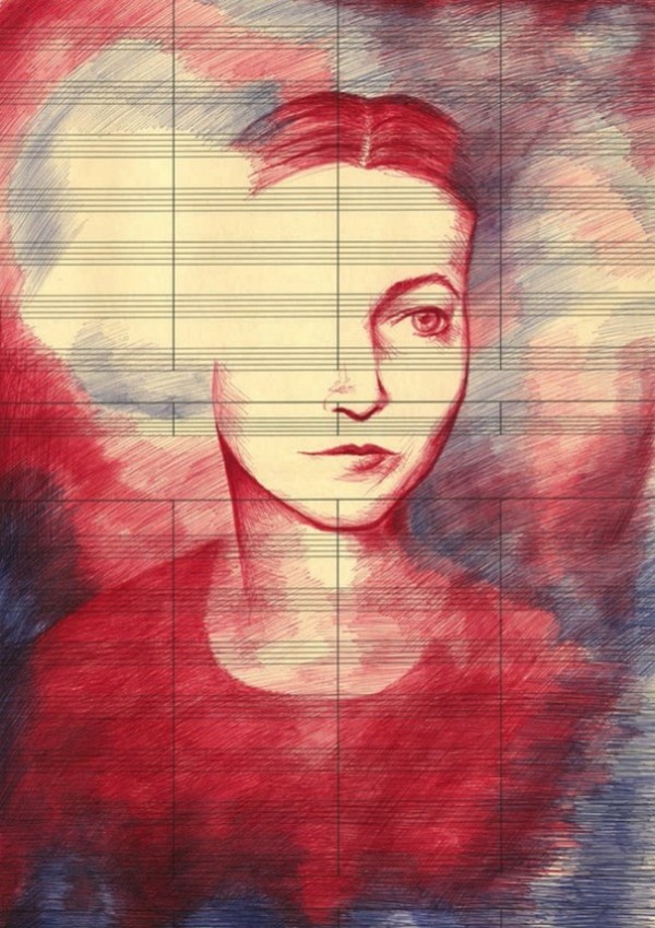 Ванесса Прагер. Современное искусство. Современная живопись США. Картины шариковой ручкой на нотной бумаге